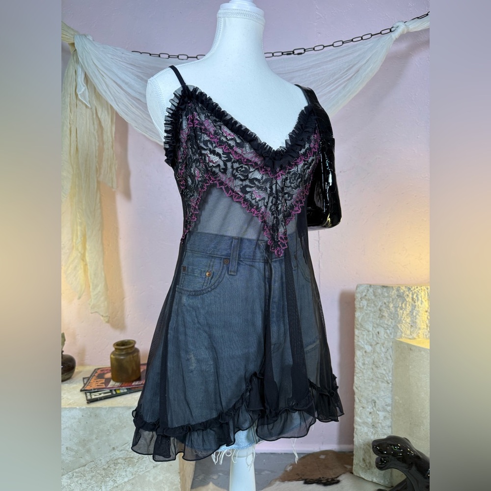 Vintage Black Sheer Lace Babydoll Slip Dress Medium